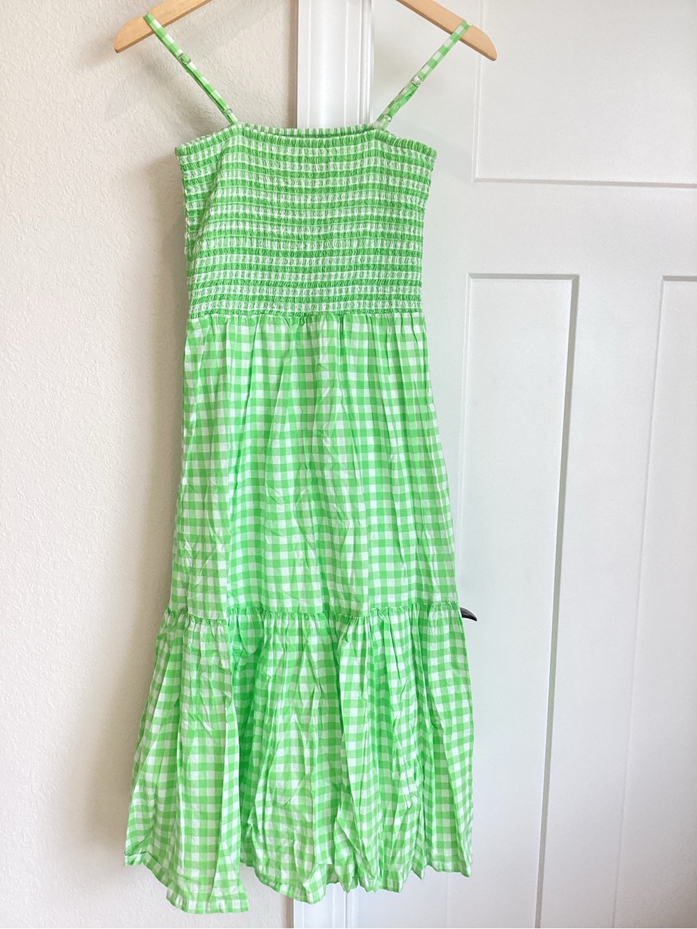 J Crew Smocked Sleeveless Tiered Midi Dress XS Gingham Green White - Picture 5 of 8